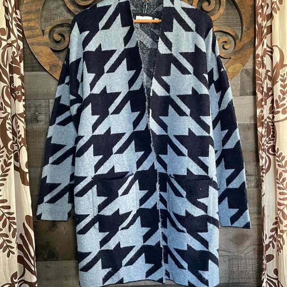 Cardigan Sweater Long Blue North Style Warm Soft Cozy Aztec Duster - Picture 3 of 15